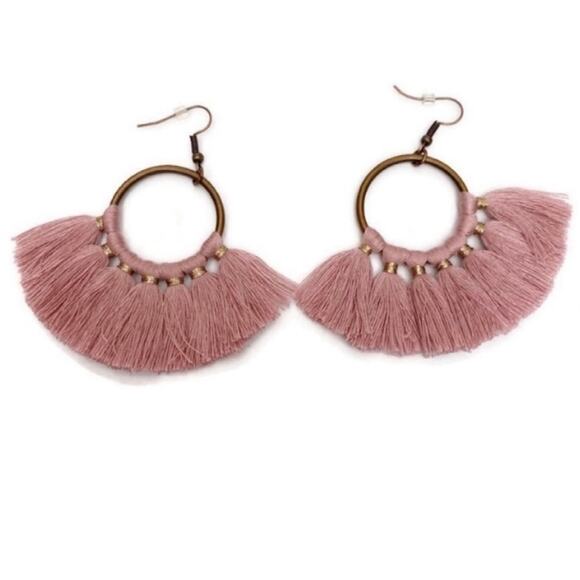 Mauve Tassel Round Drop Earrings - Picture 2 of 3